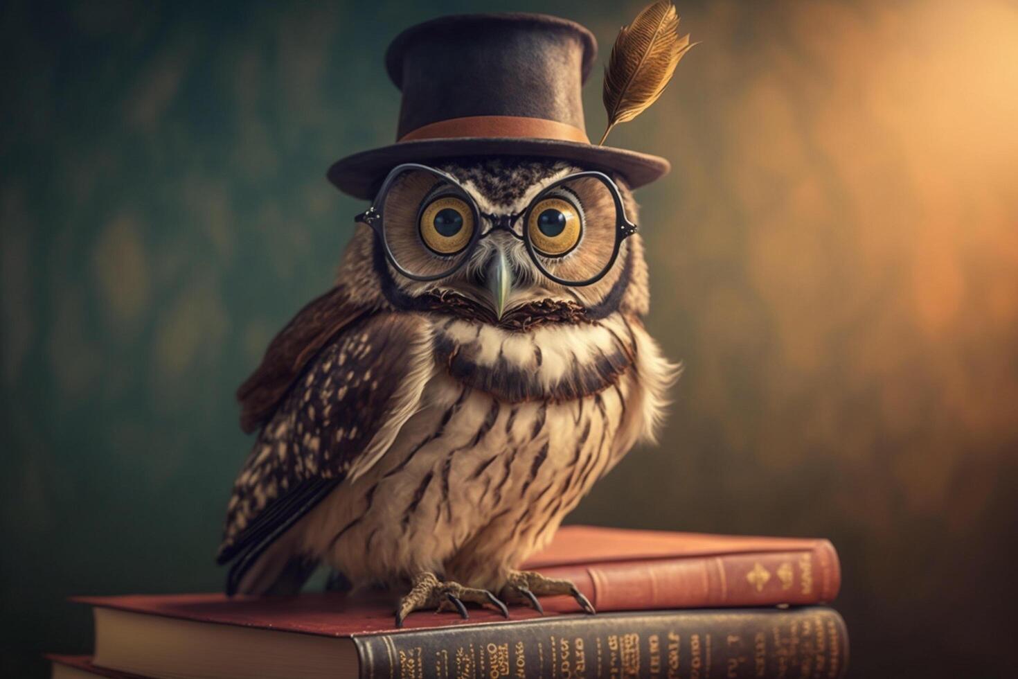 Cunning owl in a hat and glasses sits on books photo