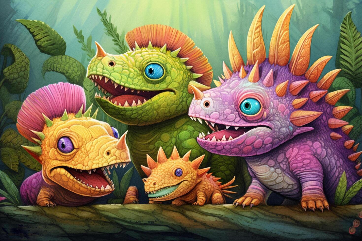 Whimsical and Colorful Digital Comic Art Playful Dimetrodon Dinosaur in a Hilarious Adventure photo