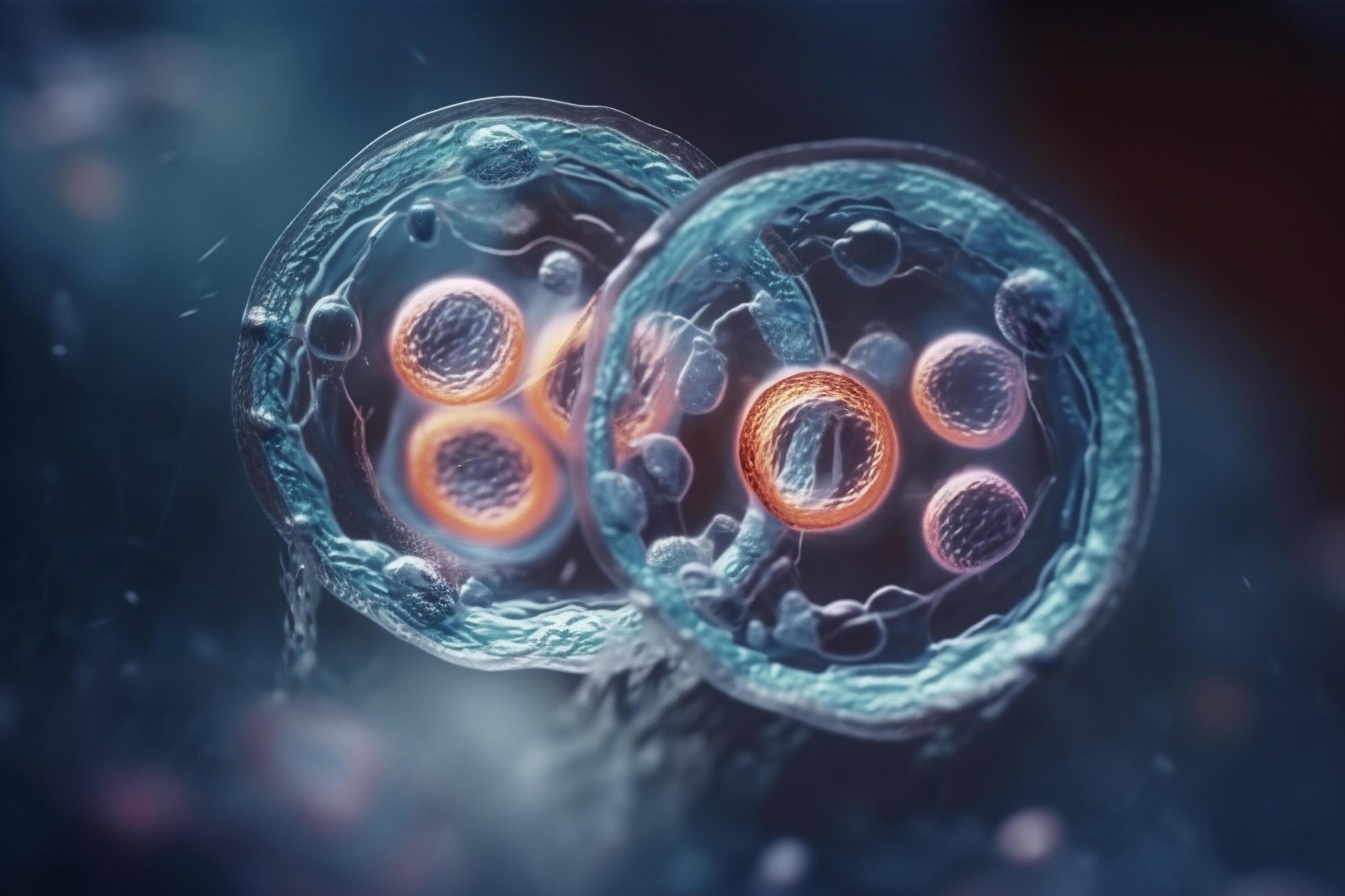 Colorful 3D illustration of microscopic cell division