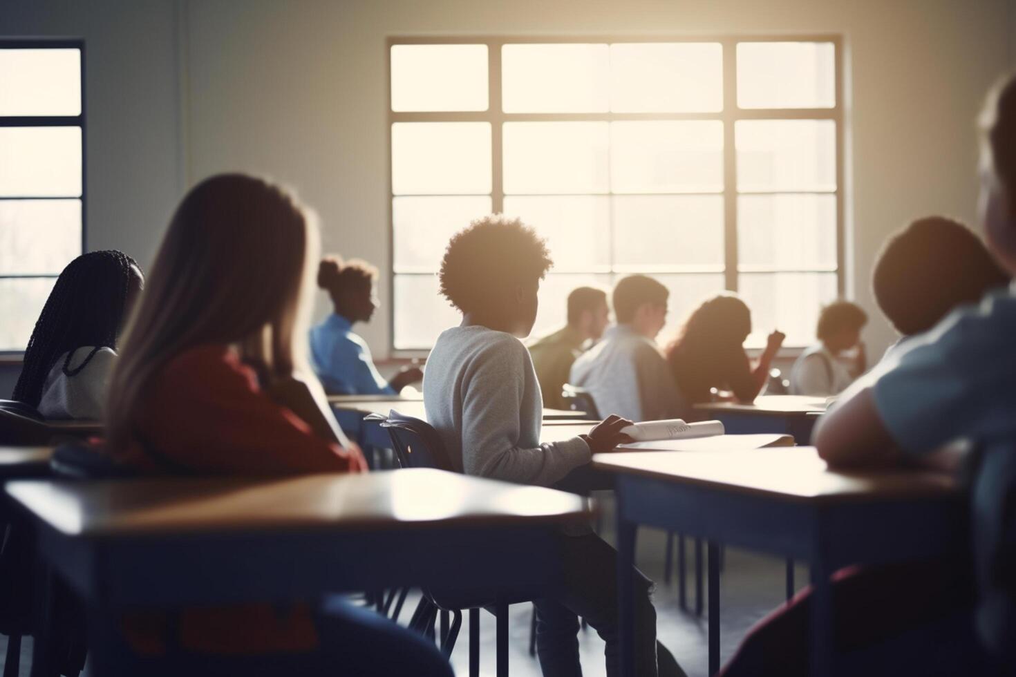 enfocado mentes alto colegio estudiantes aprendizaje en un brillante salón de clases ai generado foto