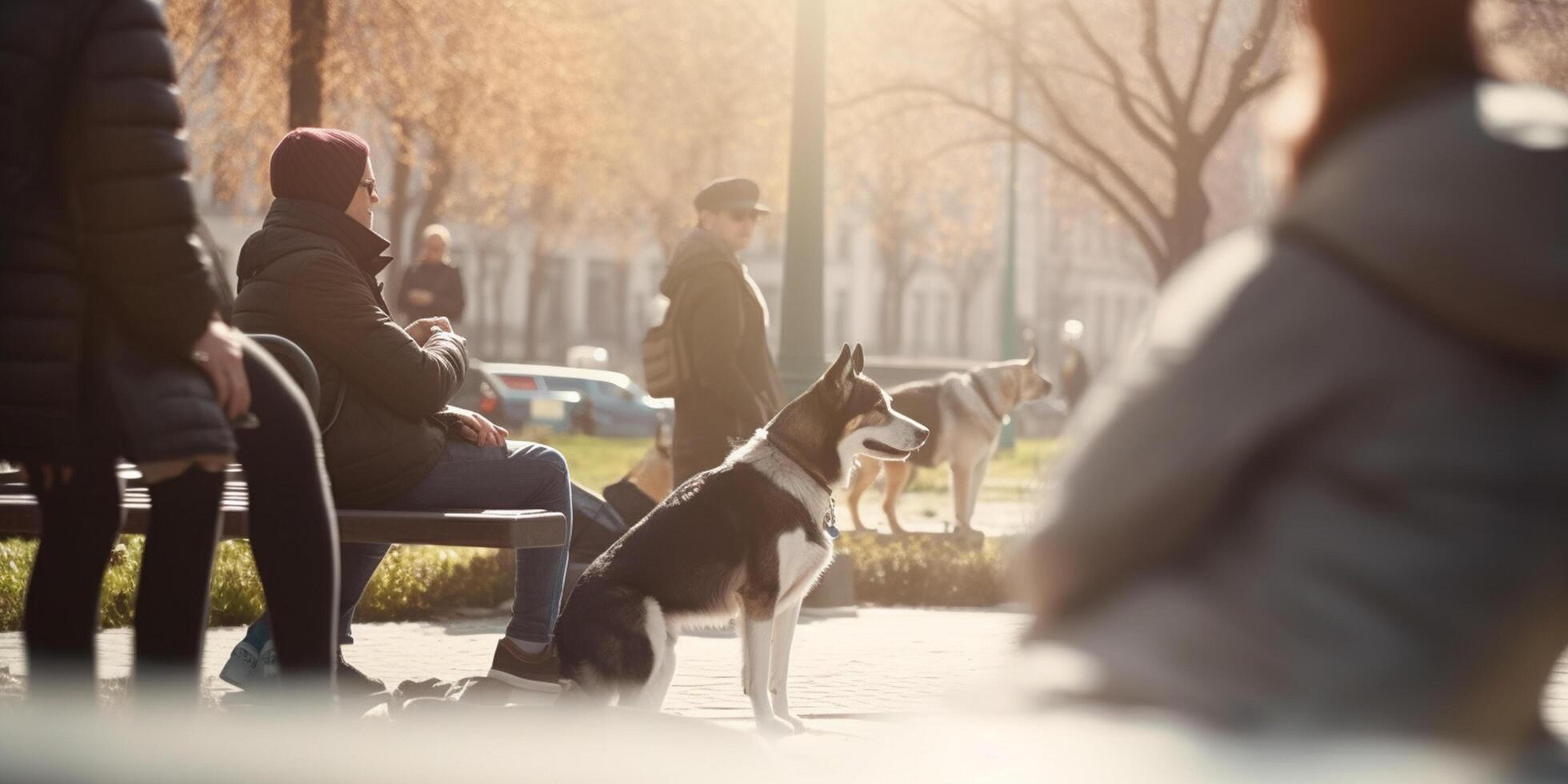 perro propietarios disfrutando un relajante día con su peludo amigos en el ciudad parque ai generado foto