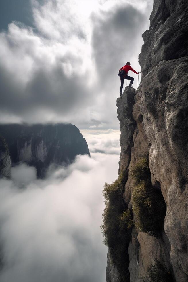 escalada el majestuoso alturas un escalador aventuras en medio de imponente nubes y montañas ai generado foto