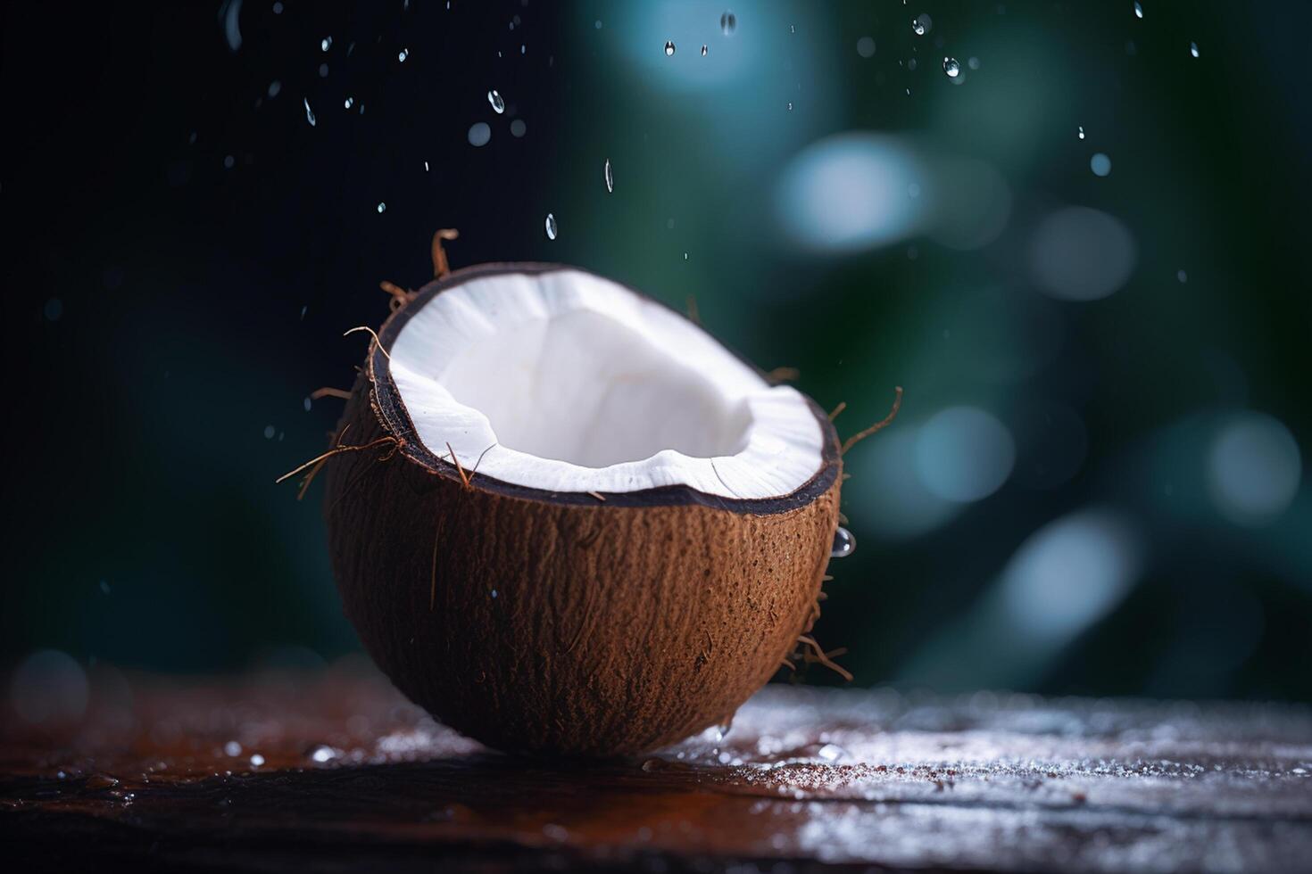 rebanado Coco en de madera mesa con borroso bokeh antecedentes ai generado foto