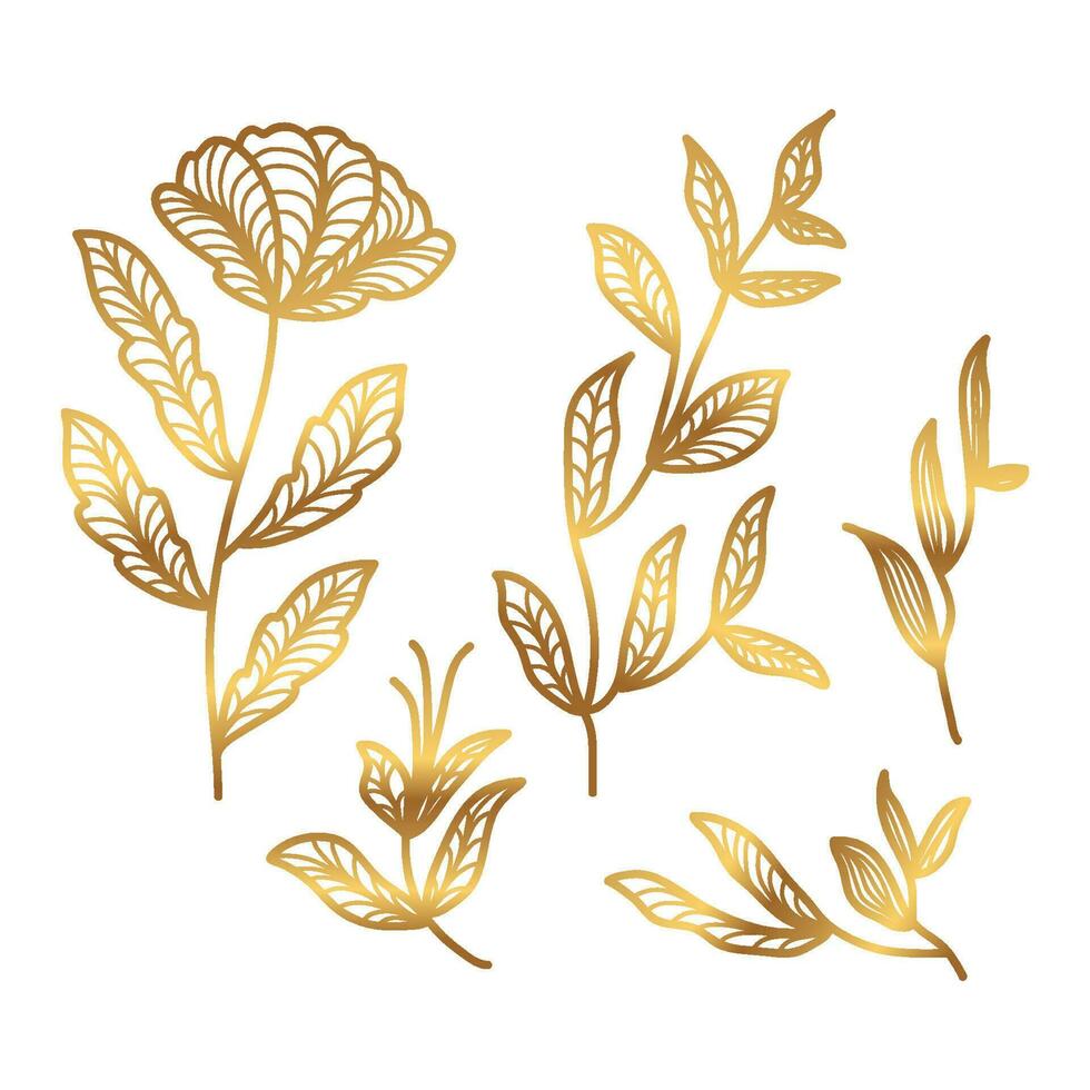 Golden Floral Vector Illustration with Line Style. Luxury Hand Drawn Flowers