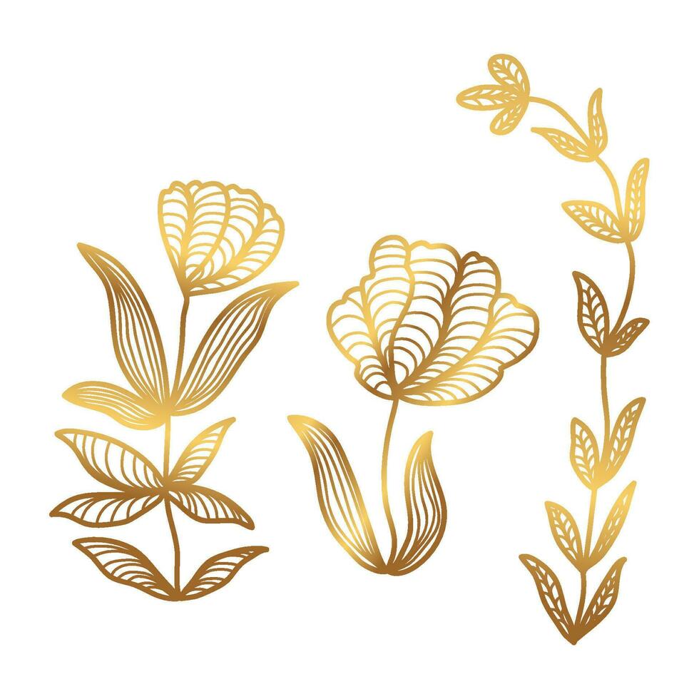 Golden Floral Vector Illustration with Line Style. Luxury Hand Drawn Flowers