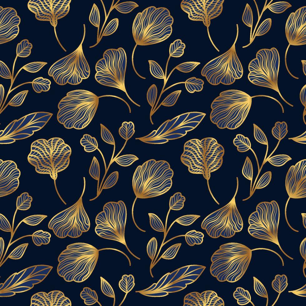 Luxury Blue and Gold Flower Pattern. Hand Drawn Seamless Floral Pattern for Fashion, Wallpaper, Wrapping Paper, Background, Fabric, Textile, Apparel, and Card Design vector