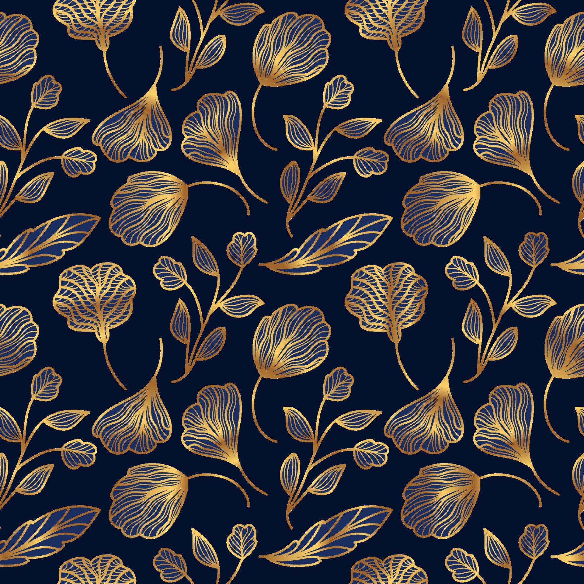 Luxury Blue and Gold Flower Pattern. Hand Drawn Seamless Floral Pattern