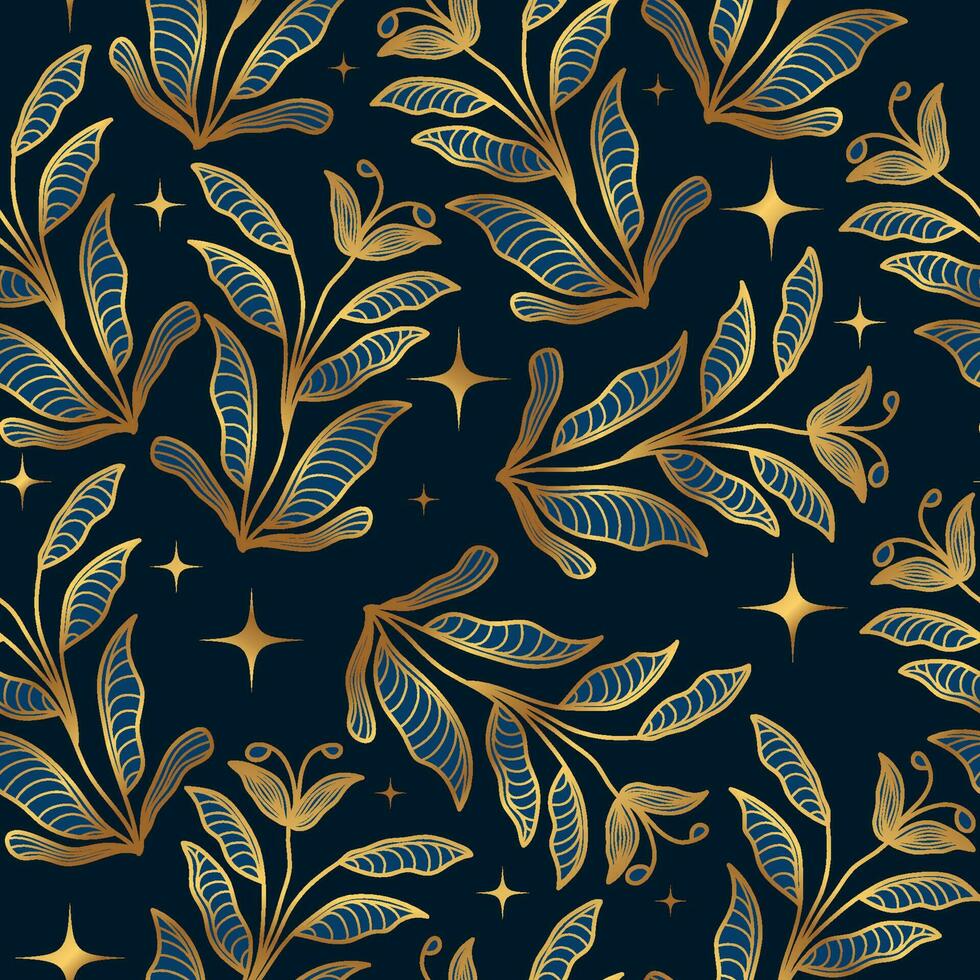 Luxury Blue and Gold Flower Pattern. Hand Drawn Seamless Floral Pattern for Fashion, Wallpaper, Wrapping Paper, Background, Fabric, Textile, Apparel, and Card Design vector