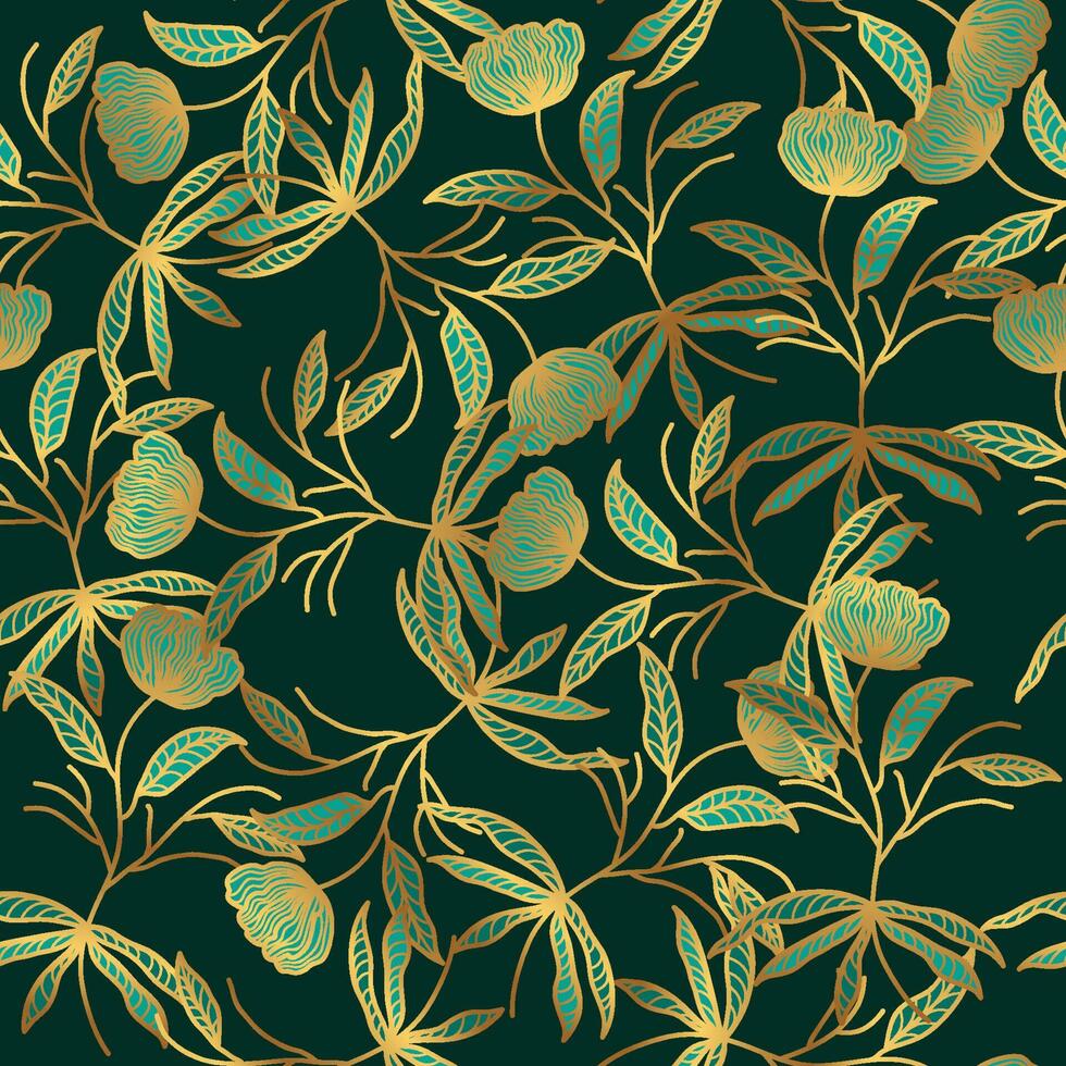 Luxury Green and Gold Flower Pattern. Hand Drawn Seamless Floral Pattern for Fashion, Wallpaper, Wrapping Paper, Background, Fabric, Textile, Apparel, and Card Design vector