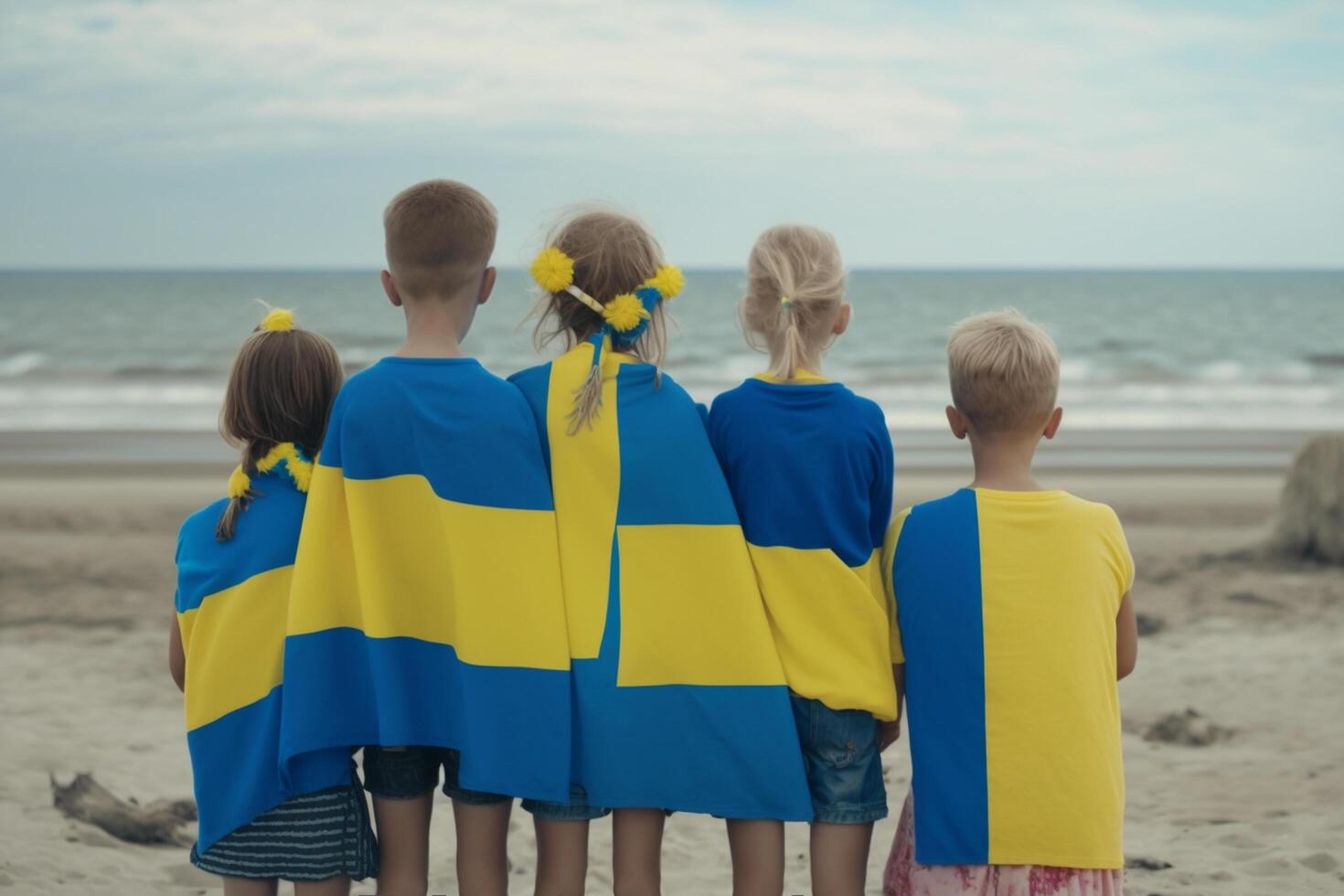 Seaside Symbols of Freedom Children with Ukrainian Flags at the Beach, Gazing at the Vast Horizon photo