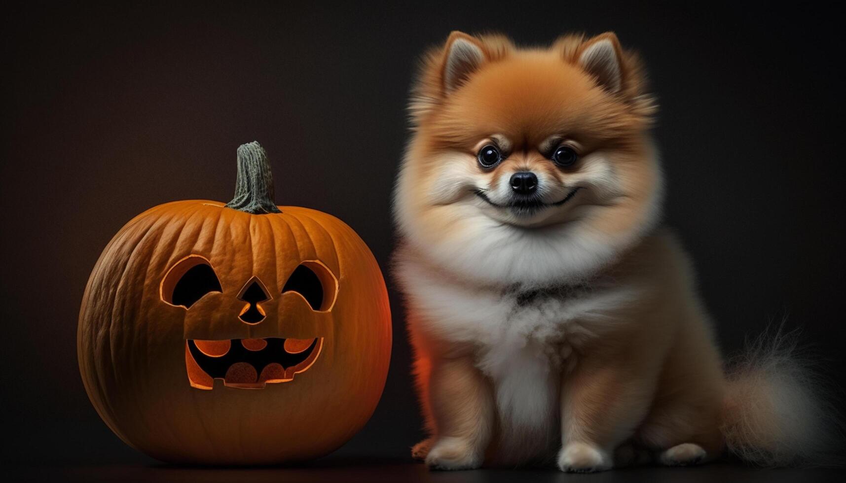 Adorable Pomeranian dog posing with a Halloween pumpkin photo