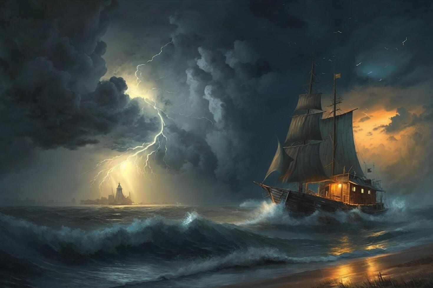 Historical sailboat in stormy waters - adventure story at sea photo