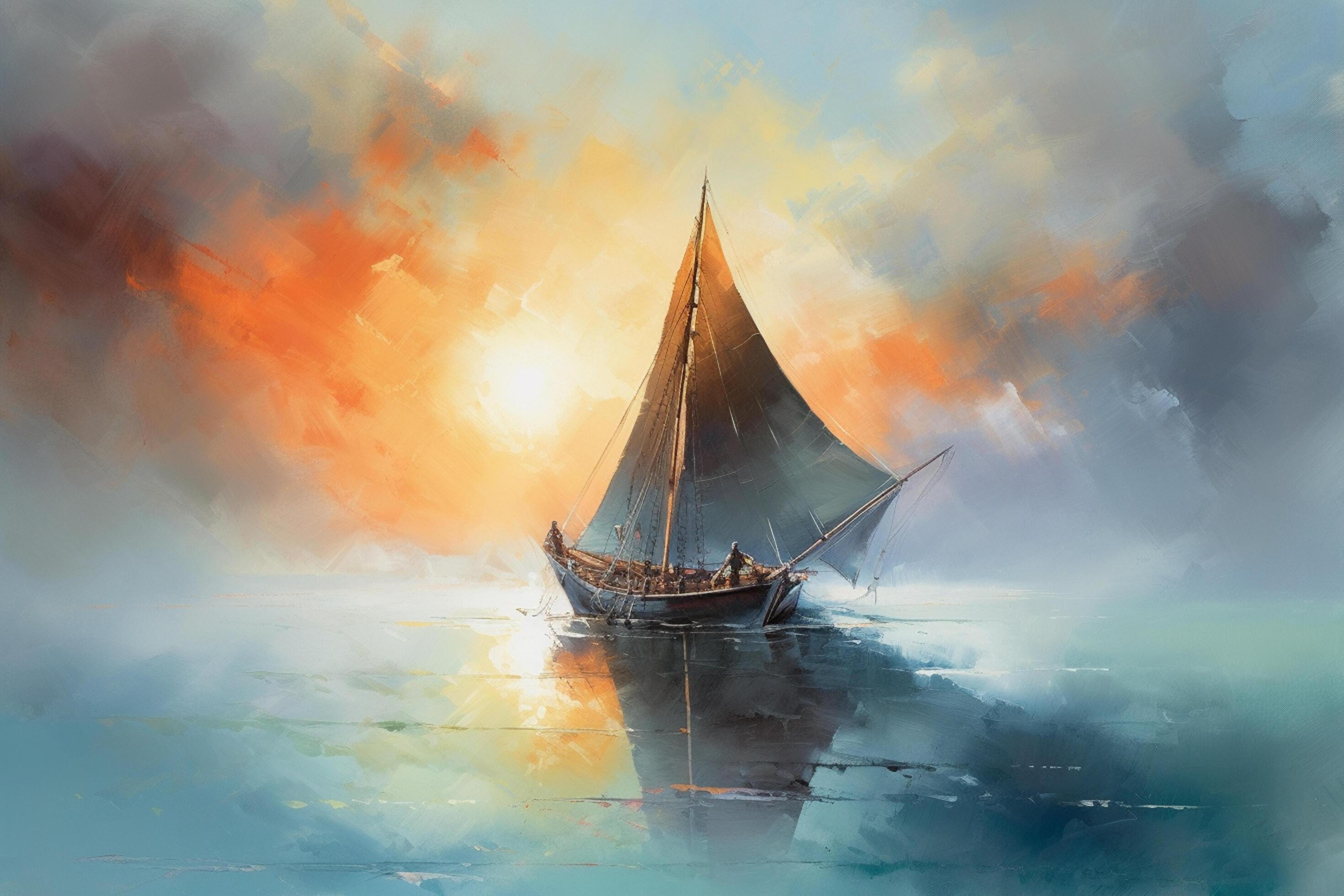 Sailing into Dawn's Embrace An Abstract Painting of a Sailboat on the