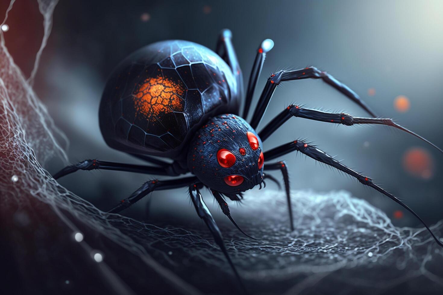 Híper realista ilustración de un negro viuda como una araña insecto, magnificado de cerca ai generado foto