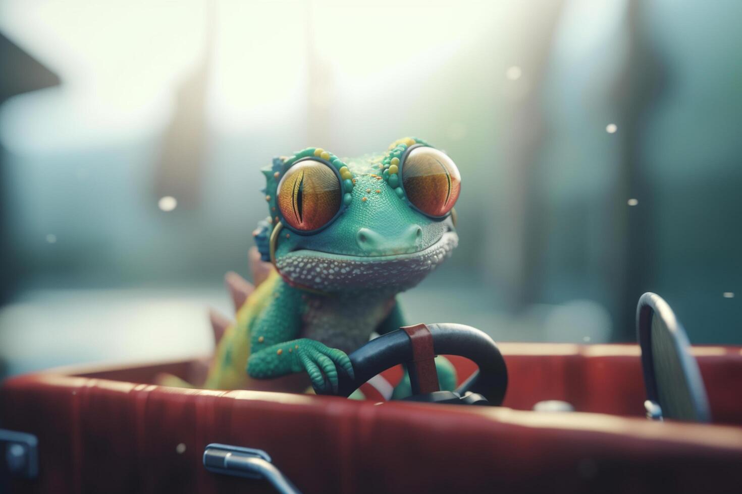 Driving in Style A Funny Chameleon in Glasses Behind the Wheel photo
