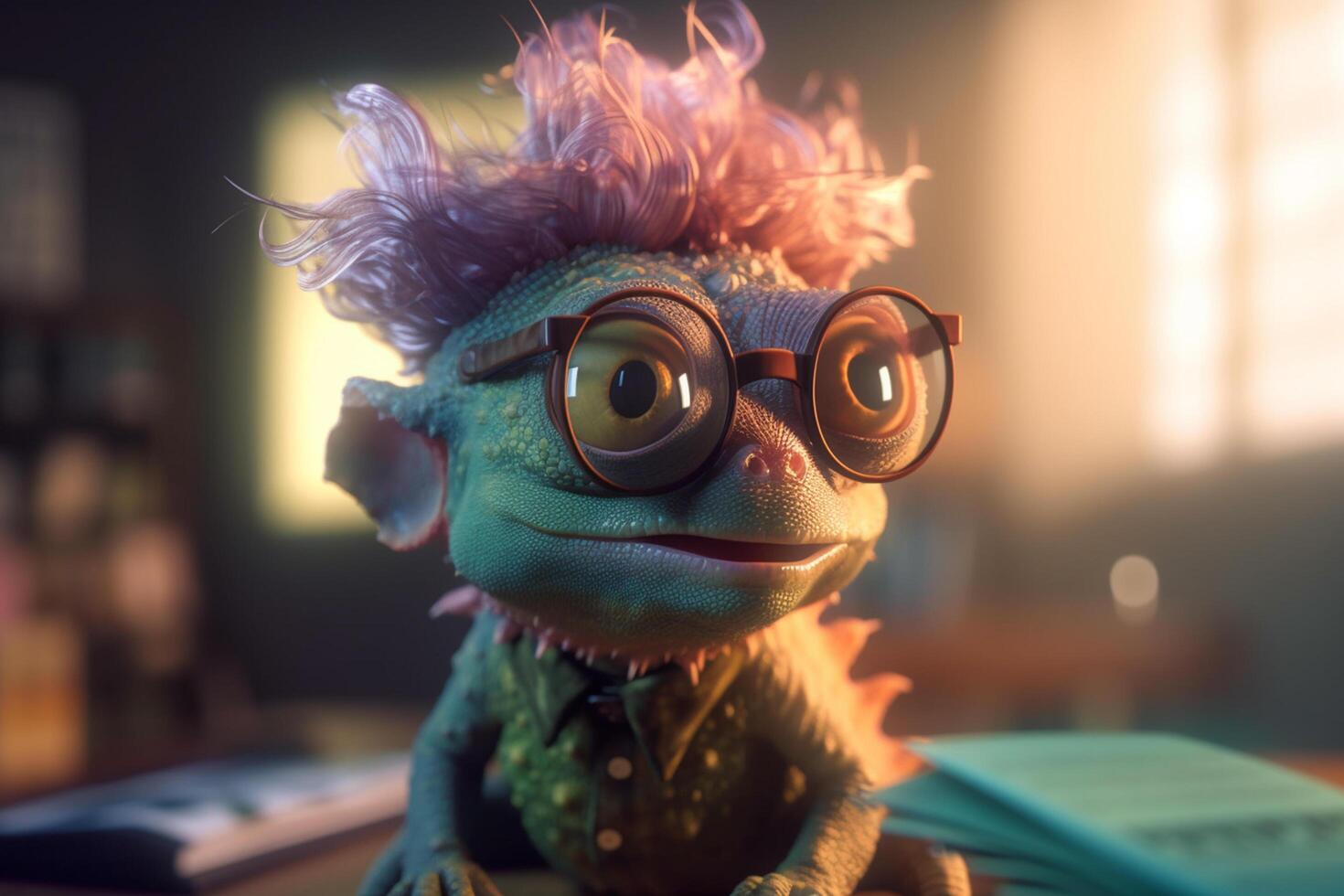 The Mad Scientist Chameleon A Funny Photorealistic Cartoon Character with Glasses and Messy Hair photo