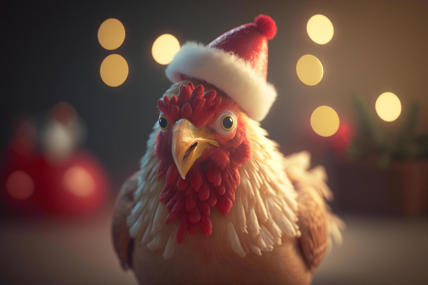 A chicken wearing a Christmas hat for the holiday season photo
