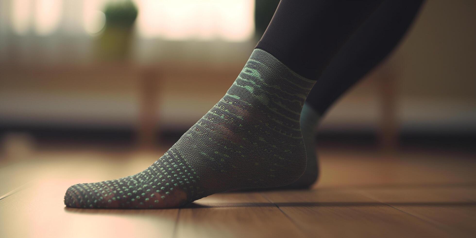 Close-up of Woman's Socks on Parquet Flooring photo