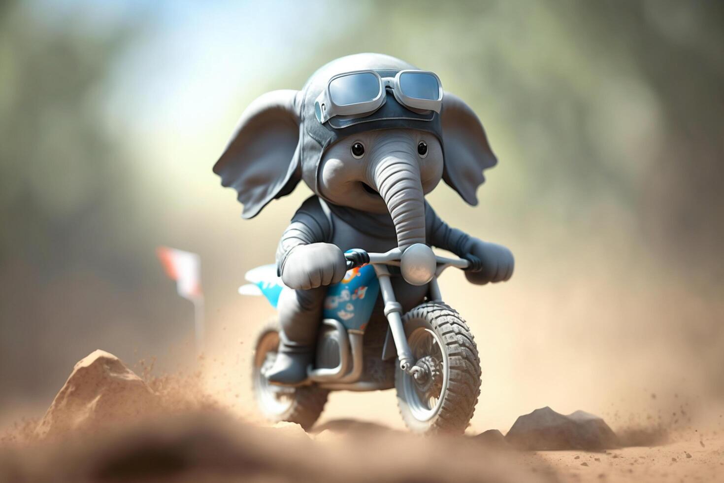 Adventurous little elephant rides motorbike through motocross course photo