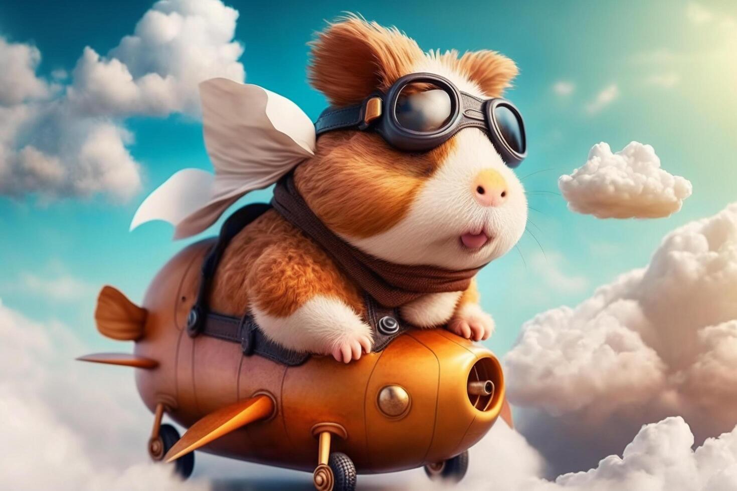 Cute funny illustration of flying guinea pig in fantasy world with