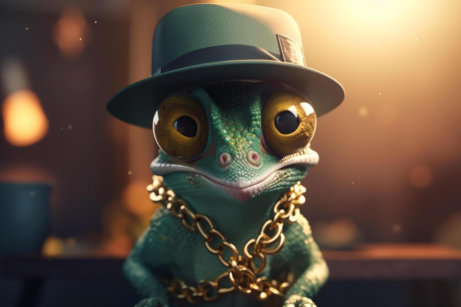 el gangsta camaleón con un gorra y oro cadenas ai generado foto