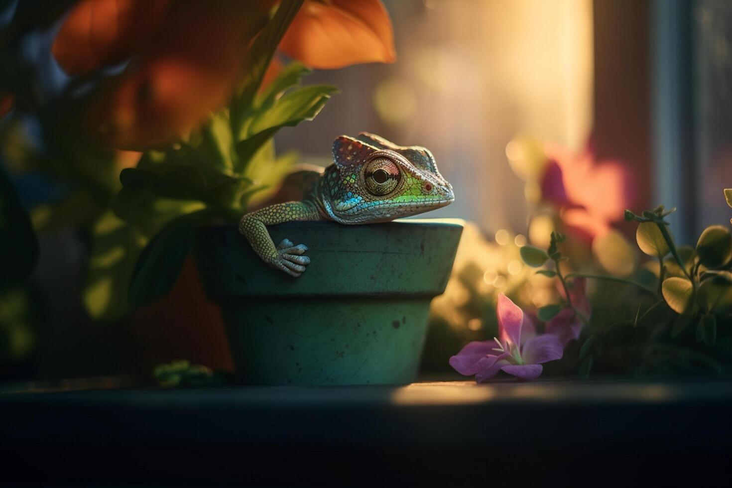 Chameleon Perched on Flowerpot on Window Sill photo