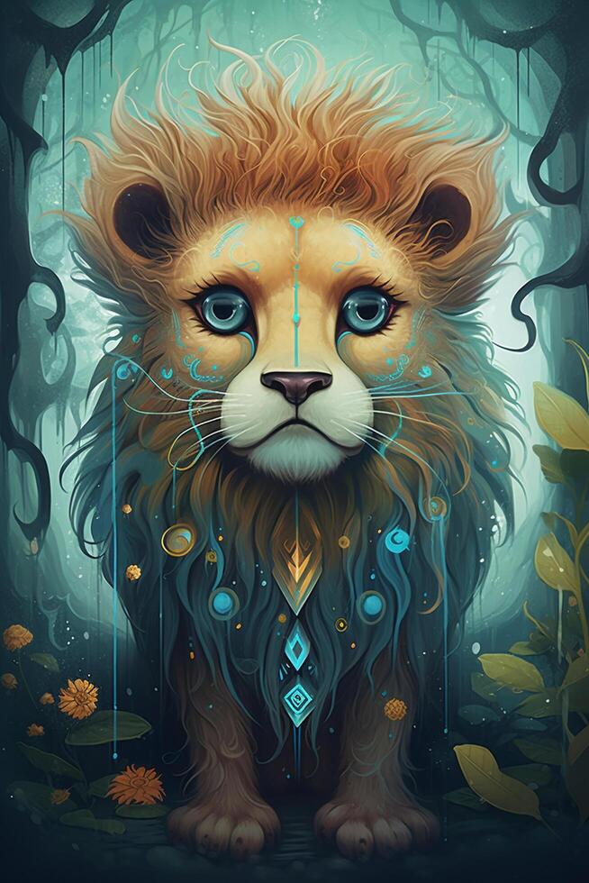 The Enchanted World of the Adorable Lion Cub A Comic-Style Digital Painting in Vibrant Colors photo