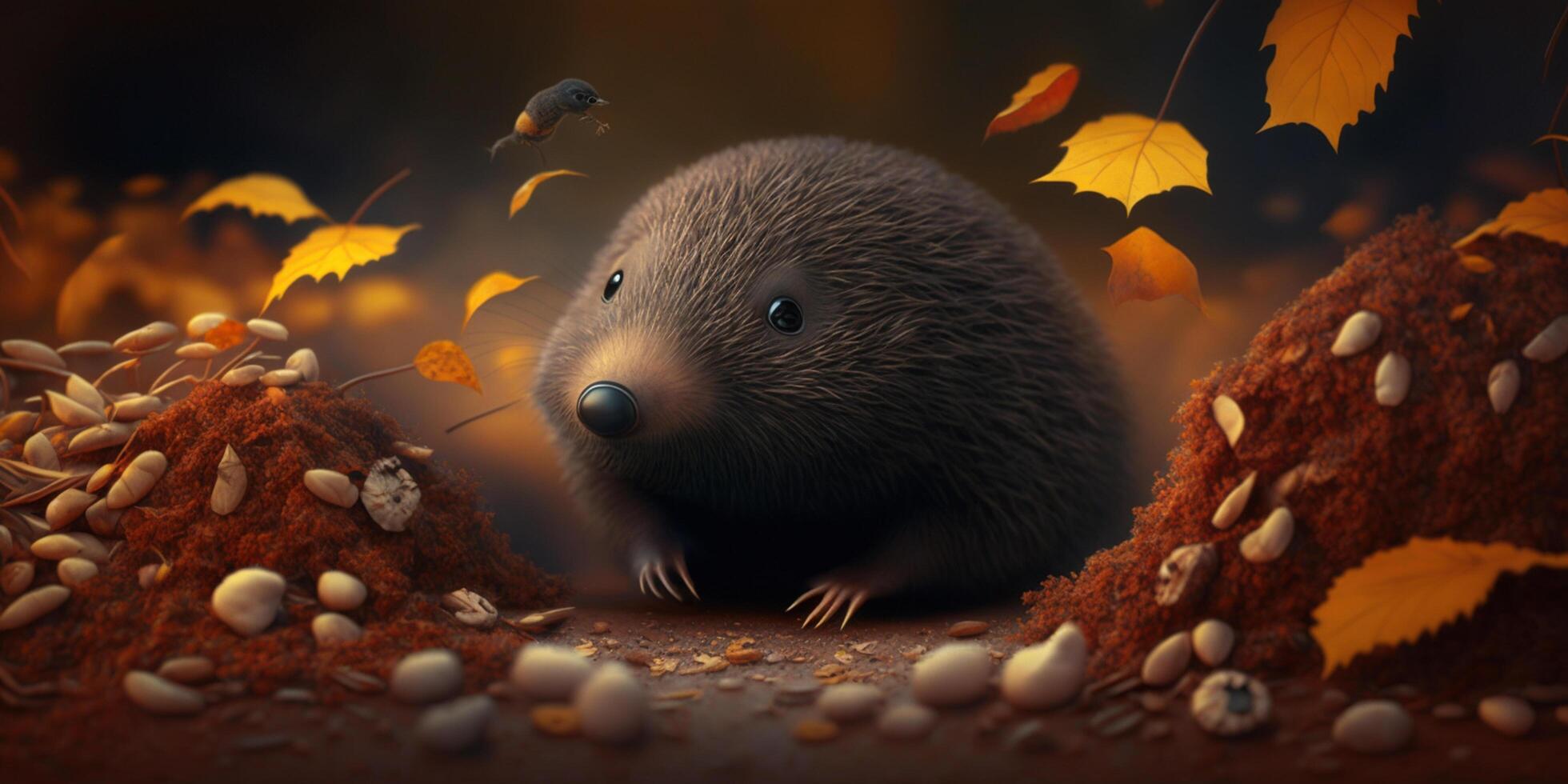 Curious mole peeking out of leaf pile on autumn day photo