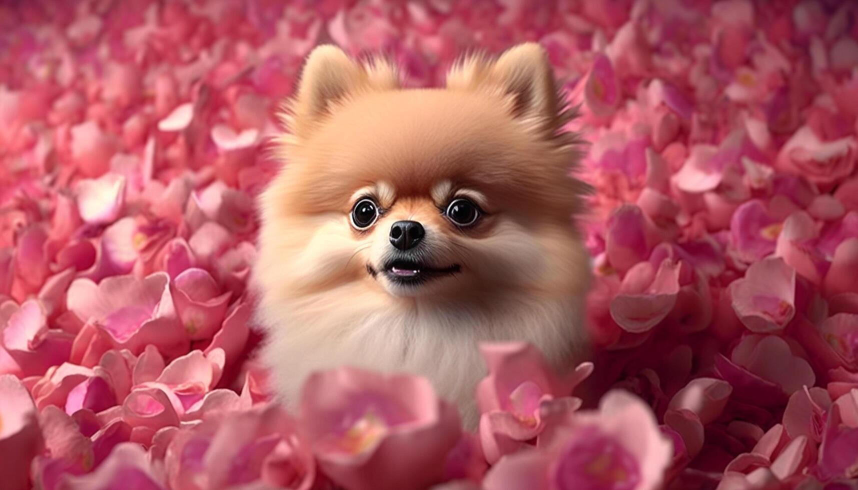 adorable pomeranio perro sentado en un mar de Rosa pétalos ai generado foto