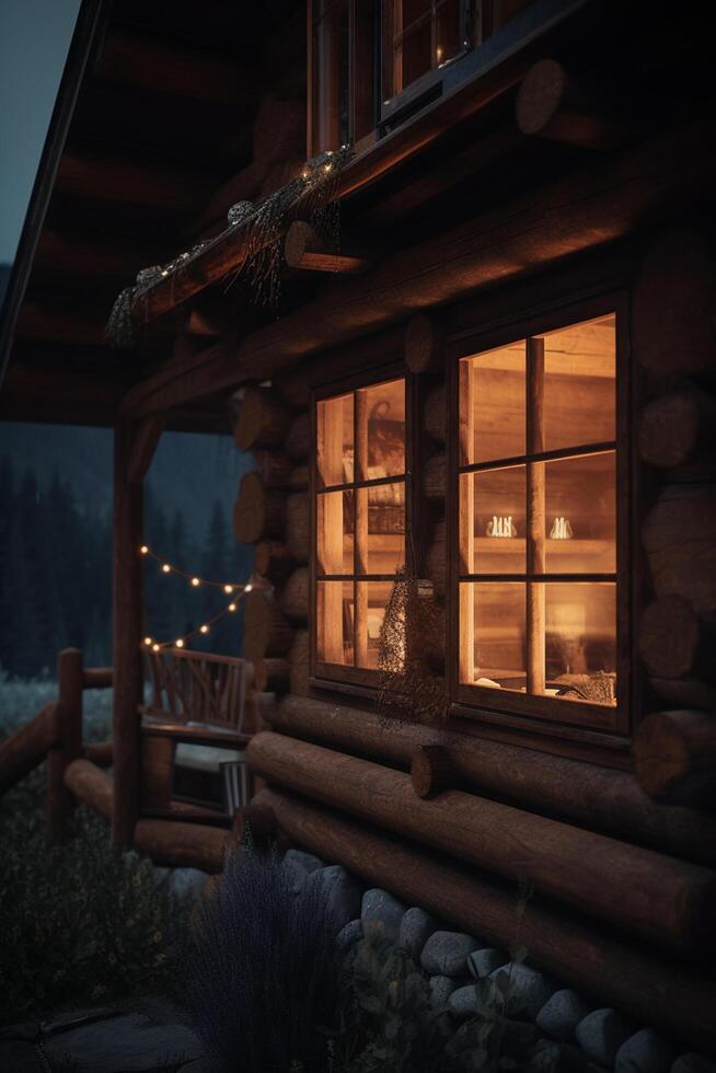 Enchanting Nighttime View of a Cozy Wooden Cabin in the Mountains photo