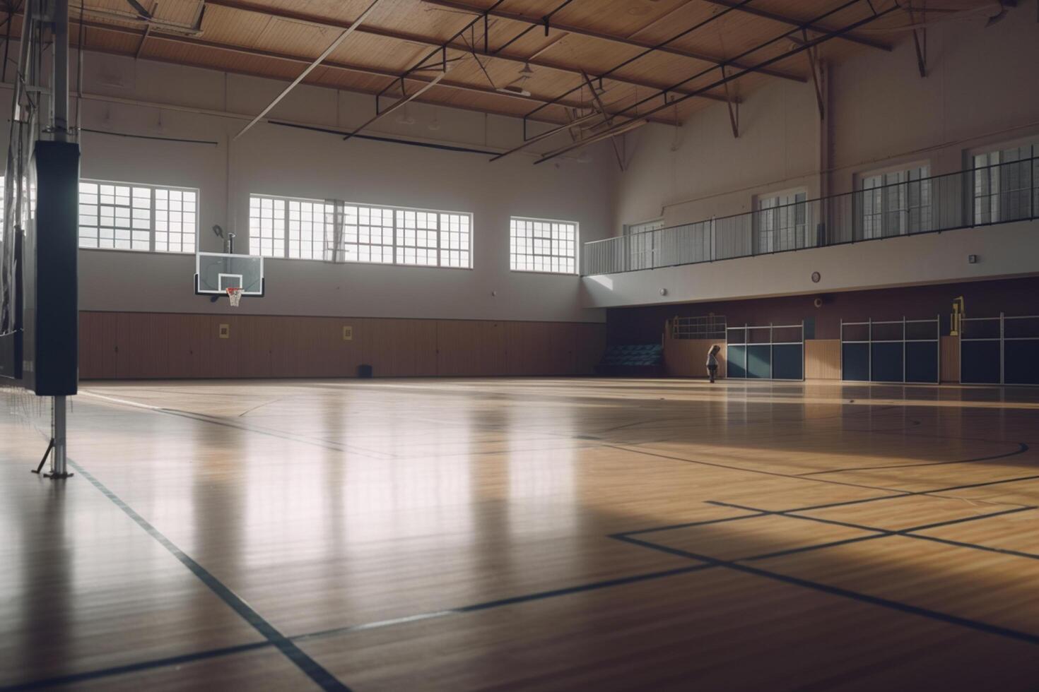 vacío, iluminado por el sol gimnasio en un alto colegio dónde recuerdos fueron hecho ai generado foto