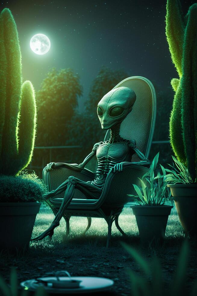 relajado extraterrestre sentado en un jardín silla en el jardín ai generado contenido foto