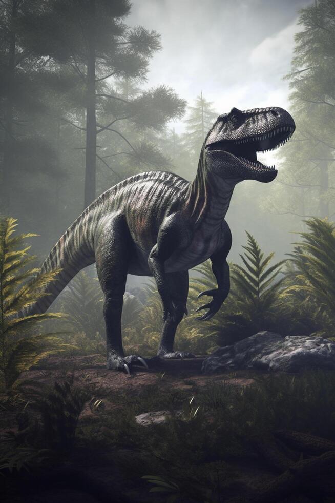 itinerancia el antiguo tierras un realista ilustración exhibiendo el poderoso allosaurus en un prehistórico paisaje ai generado foto