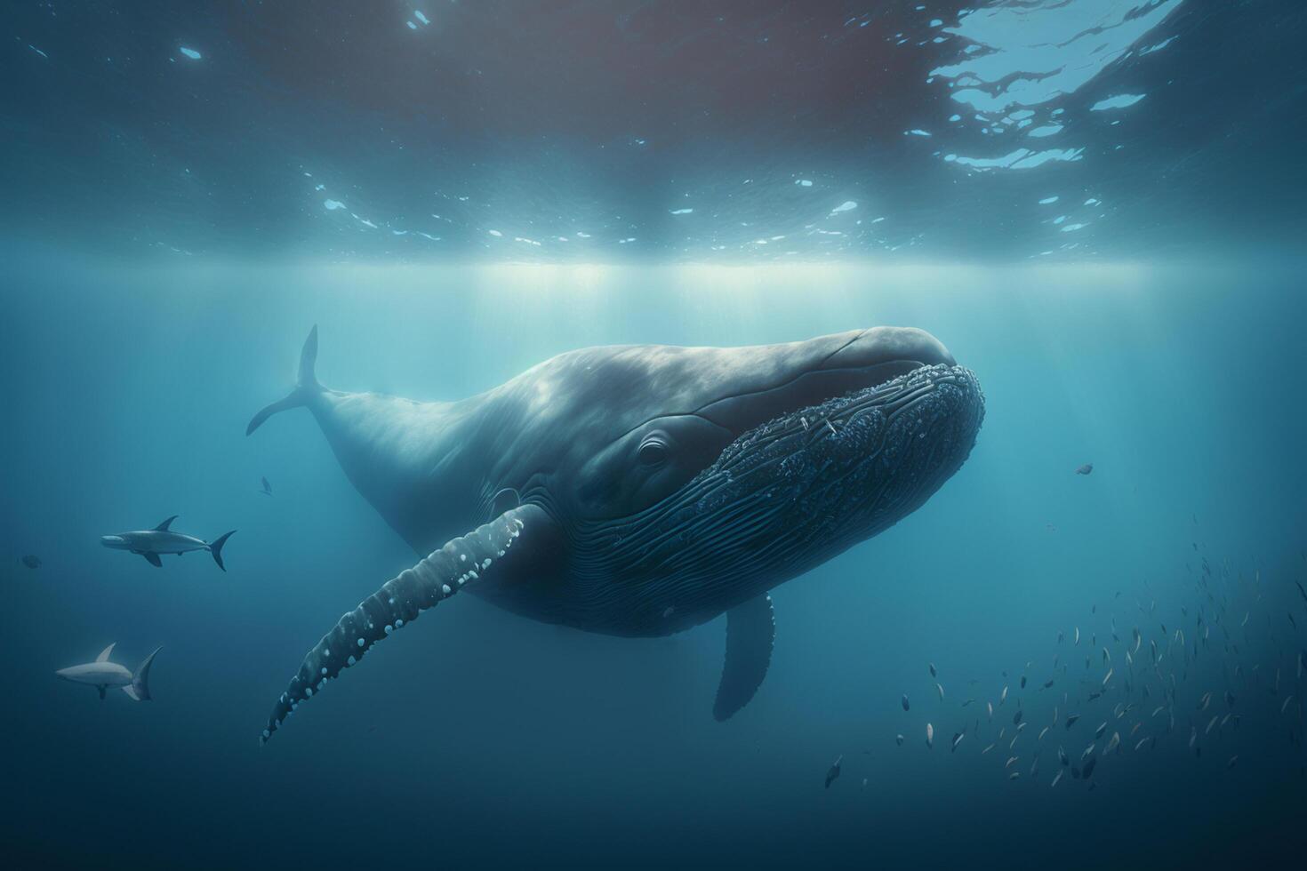 ilustración submarino Disparo ballena Oceano ai generado foto