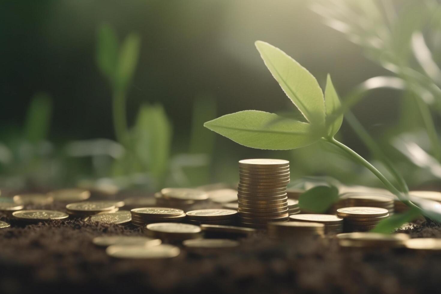 verde planta de semillero con monedas en el suelo, ecofinanciamiento y sostenible desarrollo concepto ai generado foto