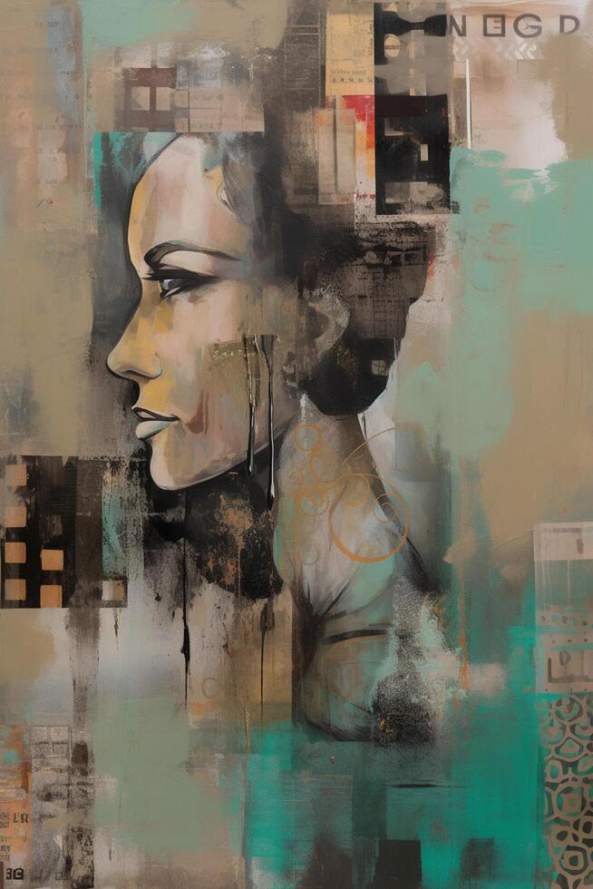 Urban Rhapsody A Dynamic Fusion of Grungy Patchwork and Eclectic Collage in Vibrant Turquoise and Sepia Tones photo