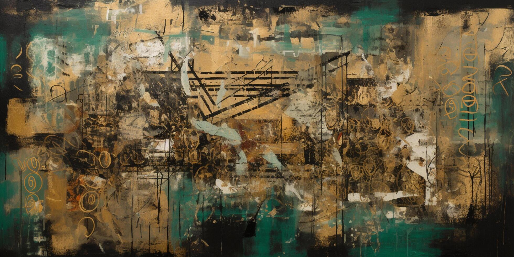 Industrial Elegance A Captivating Fusion of Collage and Paint in Large Canvas Paintings, Adorned with Turquoise and Sepia Tones photo