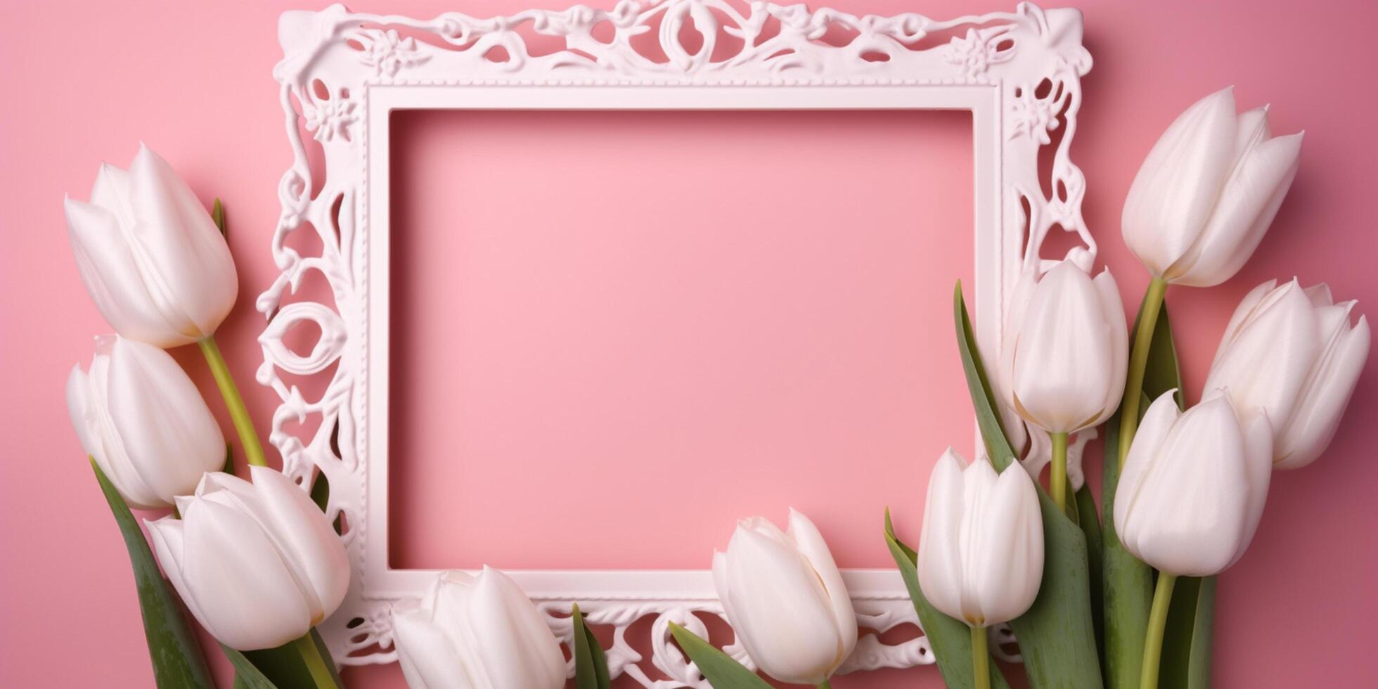 Empty white picture frame with pink tulips on a pink background photo