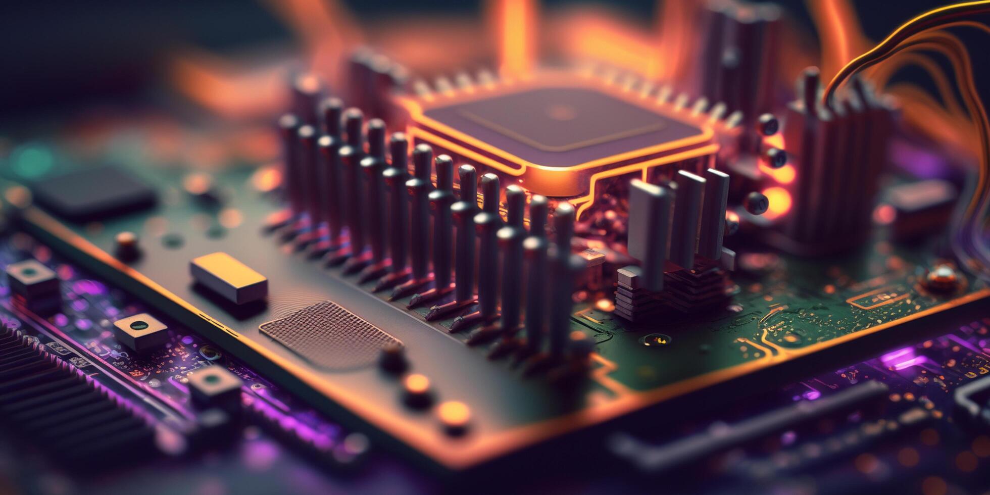 Radiant Orange Bokeh Background of Computer Processor on Motherboard photo