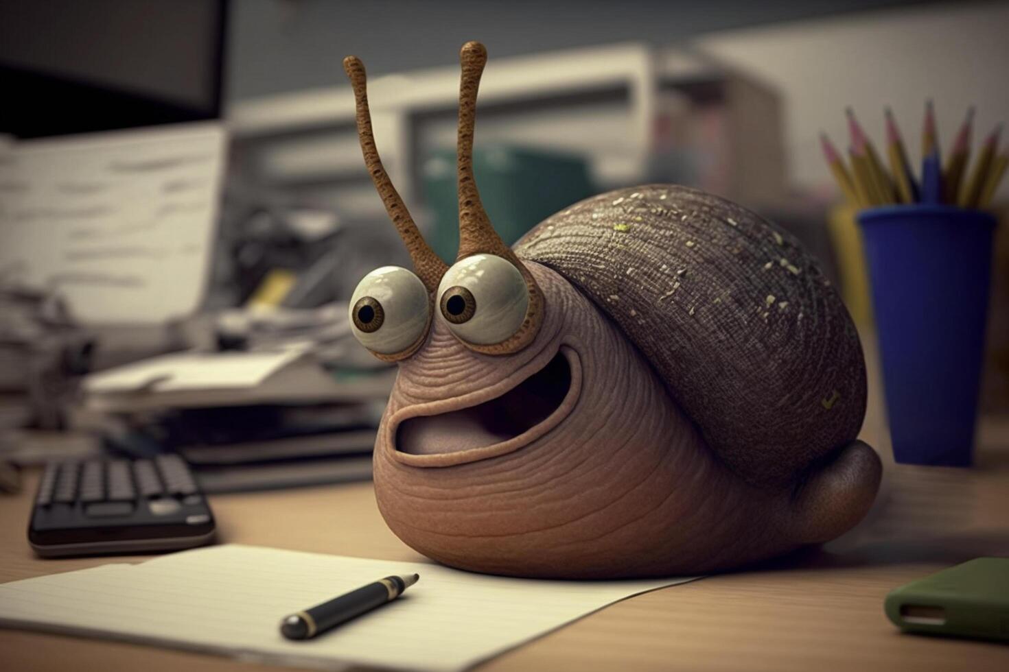 A funny workaholic snail at office work photo