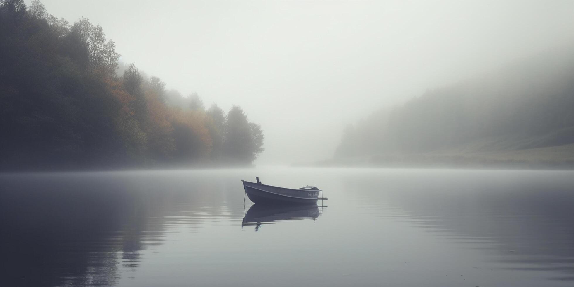 Serene Solitude A Lone Rowboat on a Misty Morning Lake photo