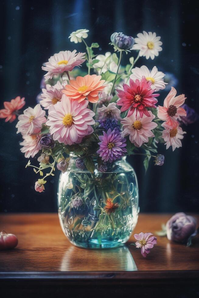 Vibrant Floral Arrangement in a Colorful Vase photo