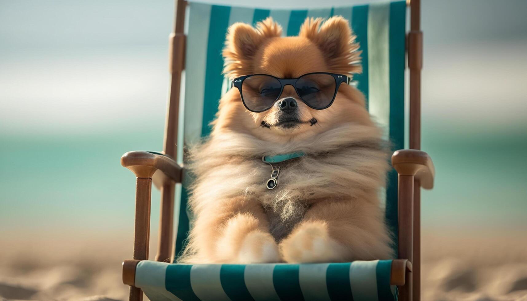 elegante pomeranio perro descansando en un playa silla vistiendo Gafas de sol ai generado foto