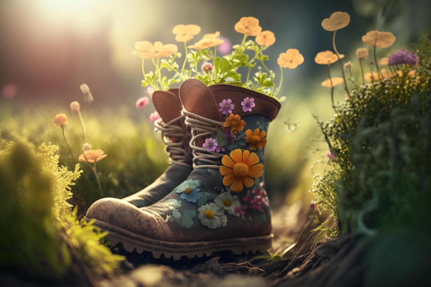 antiguo caucho botas plantado con flores en el jardín ai generado foto