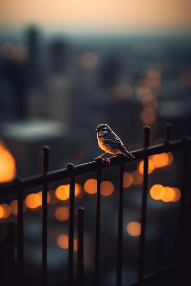 Wild bird perched on steel railing of fire escape, with urban skyline during sunset in background photo