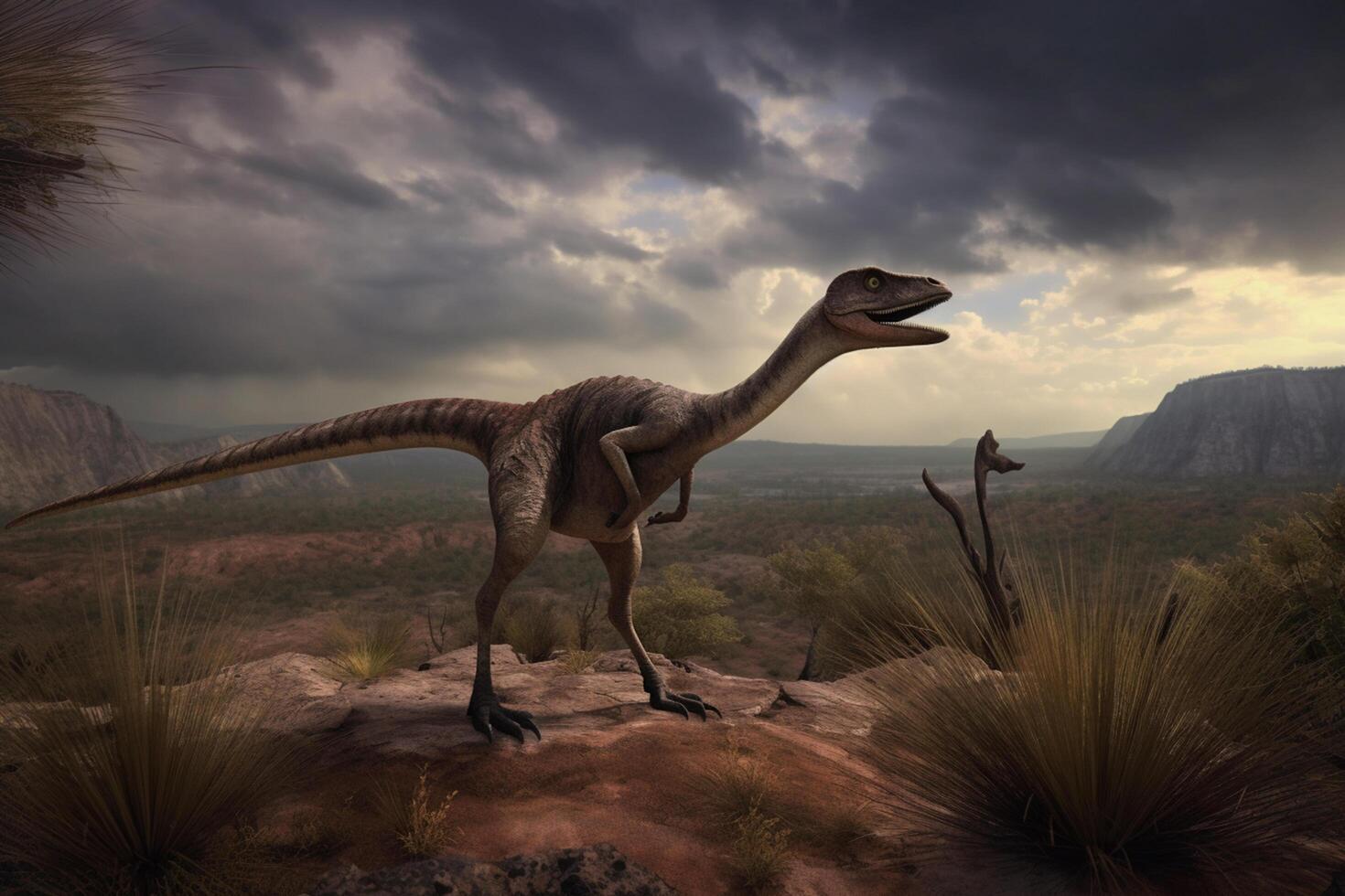 Raptor's Domain Realistic Illustration of Velociraptor in its Primal Habitat photo