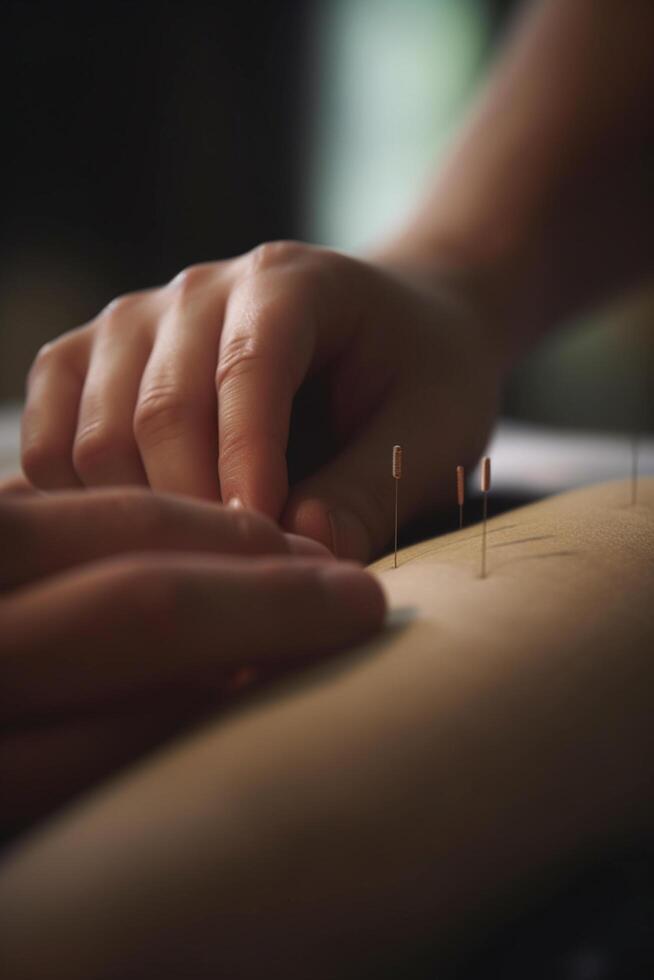 de cerca de acupuntura agujas insertado dentro piel con manos metido en parte superior ai generado foto