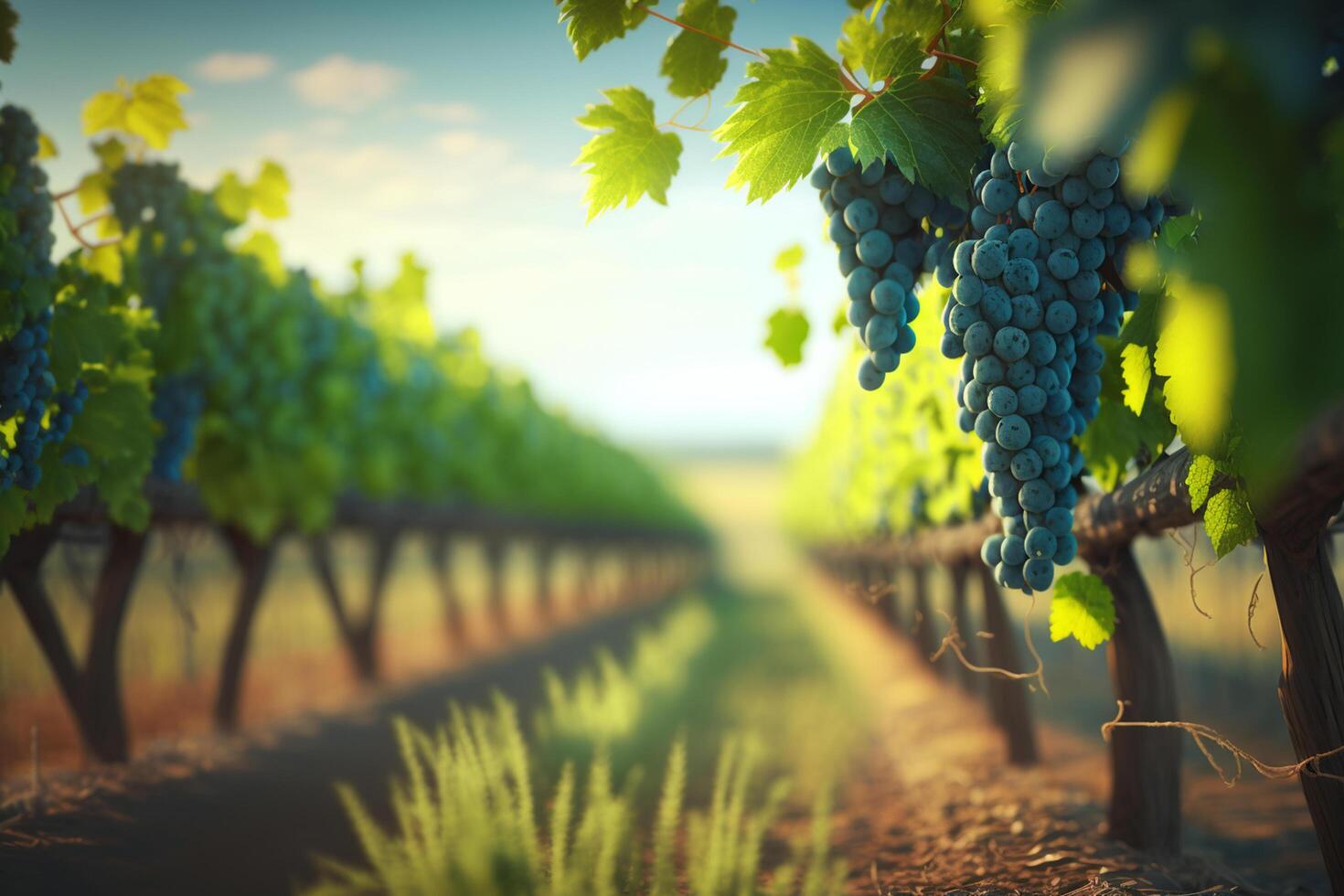 Romantic View from a Vineyard with Grapes and Vines photo
