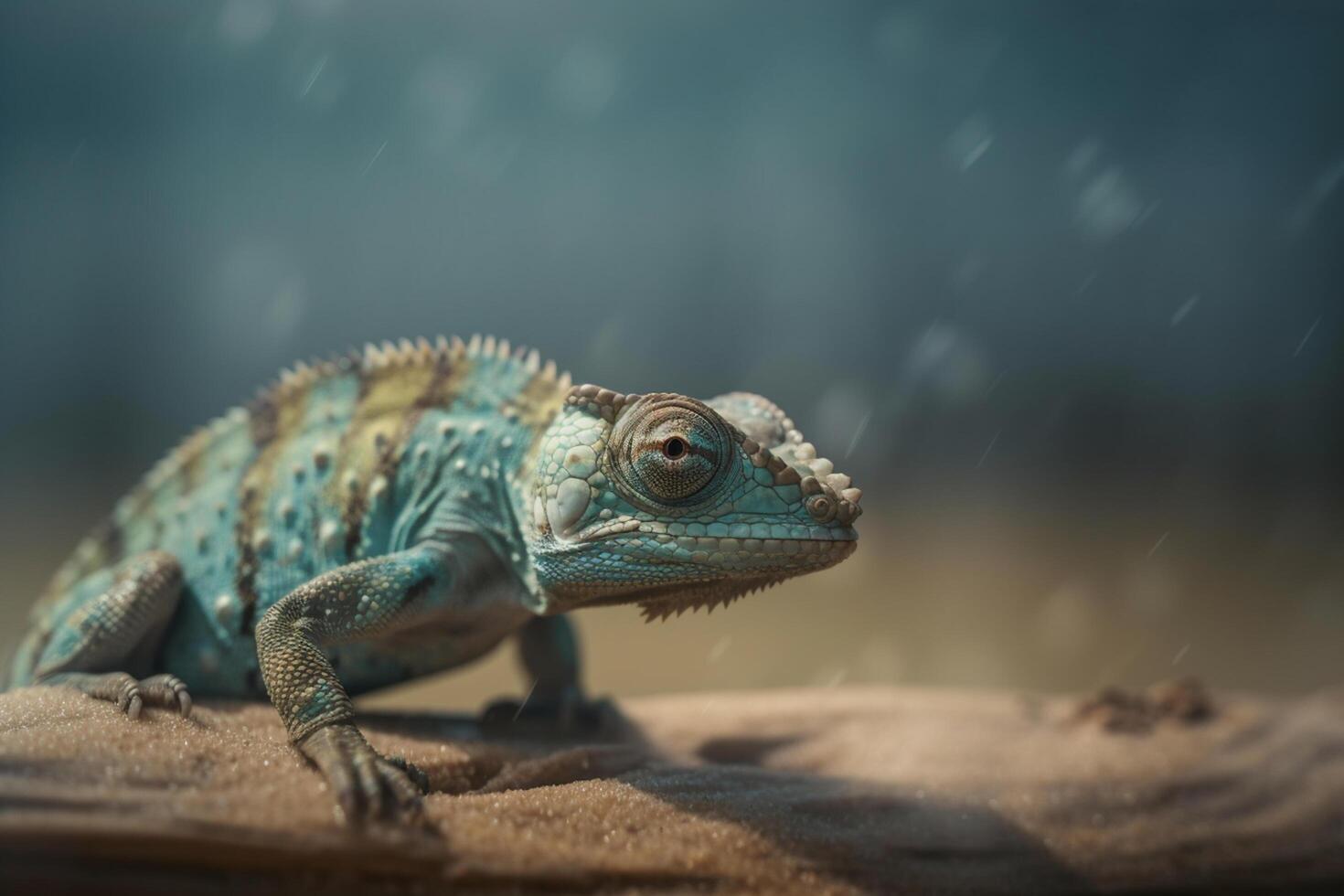 A Camouflaged Chameleon Rests on Sandy Ground photo