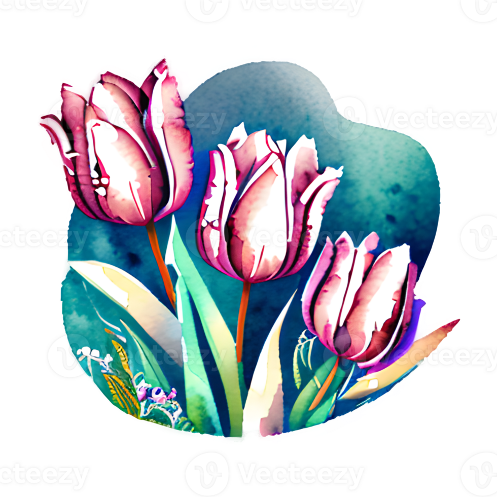 Watercolor vintage tulips with floral design png